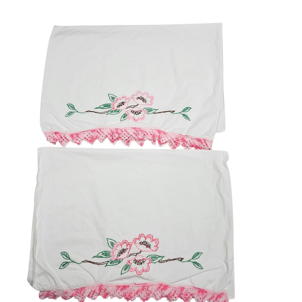 Vintage‎ Handmade Embroidered Pillowcase Set Pink Floral Crochet White Cottage
